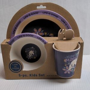 Life Is Good 5 Pc Kids Dishware Set Unicorn Purple Bamboo New